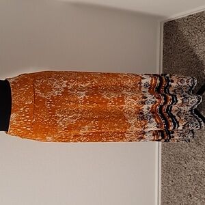 Jersey Fabric Orange Tribal Patterned Maxi Skirt in XS